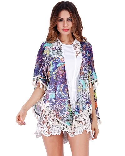 Gafas De Gasa De La Mujer Kimono Cardigan Boho Impresión étnica Fringed Loose