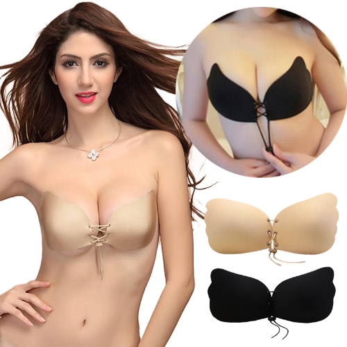 

Sexy Women Silicone Adhesive Invisible Wing Bra Stick Gel Push Up Backless Strapless Rope Wedding Dress Black/Beige