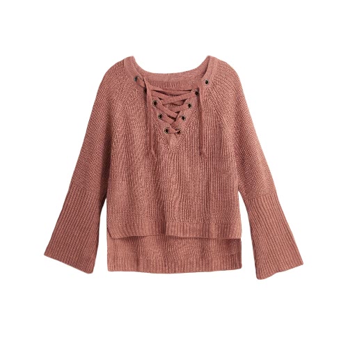

Flare Sleeve Knitted Sweater Women Lace Up V-Neck Pullover Sexy Jumper Casual Loose Split Knitwear