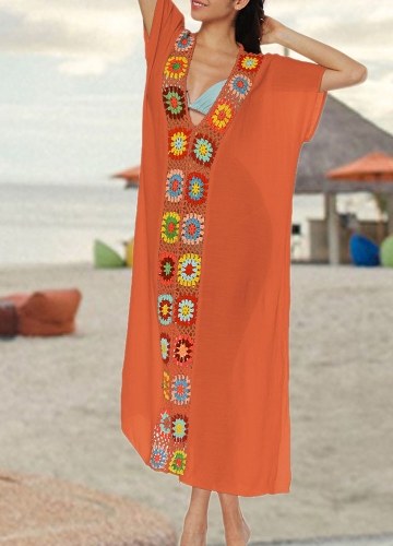 

Crochet Knit Deep V-Neck Short Sleeve Side Split Beach Cover Up
