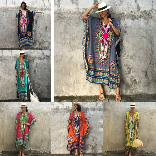 

Ethnic Women Cover Up Plus Size Printed V Neck Maxi Boho Hipppie Dashiki Bikini Beach Kaftan Dress