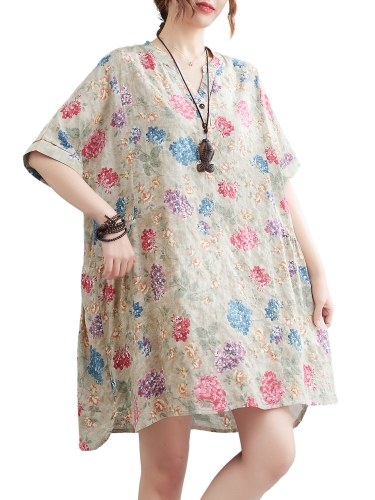 

Women Loose Dress Floral Print Short Sleeved Casual Mini Dress