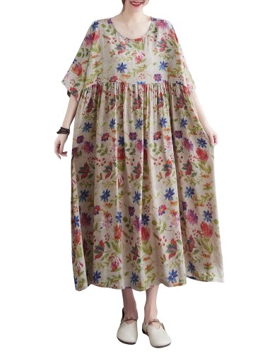 

Women Loose Dress with Pockets Vintage Printed Half Sleeve Casual Holiday Beach Dress