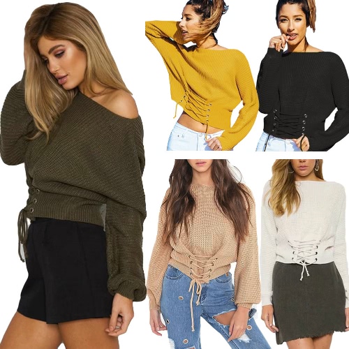 

Sexy Women Knitted Sweater Slash Neck Lace-Up Bandage Long Sleeve Casual Off Shoulder Pullover Knitwear