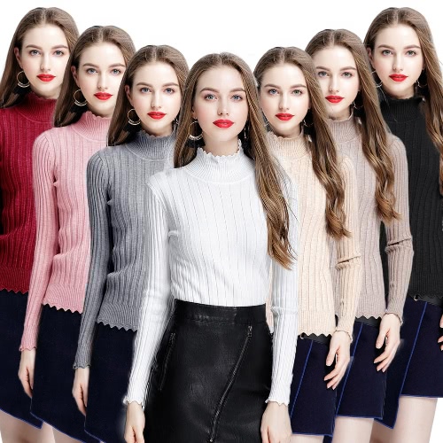 

Women Ribbed Knitted Pullover Sweaters Turtle Neck Scalloped Solid Slim Stretchy Jumpers Knitting Top