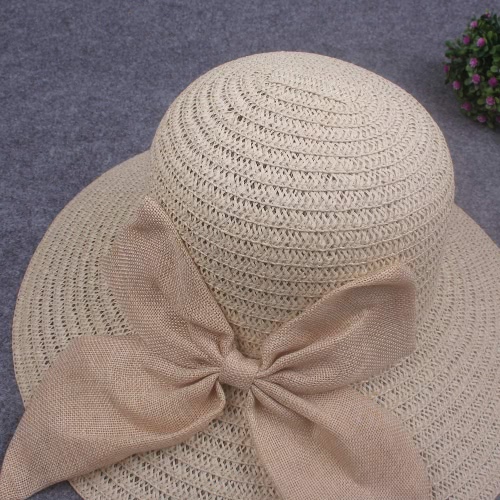 

Summer Women Straw Hat Wide Brim Bow Decoration Sun Beach Cap Foldable Floppy Hat Beige/Brown
