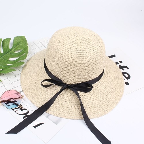 

Летние женщины соломенной шляпе Лента лук Широкий брим Sun Beach Cap Праздник Fedora Trilby Hat