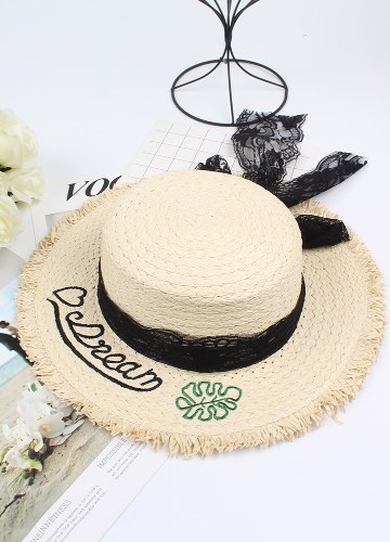 

Fashion Women Letter Embroidery Straw Hat Lace Bowknot Wide Brim Travelling Beach Fisherman Bonnie Chapeau