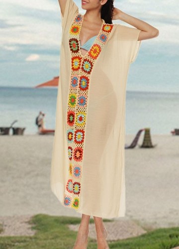 

Crochet Knit Deep V-Neck Short Sleeve Side Split Beach Cover Up