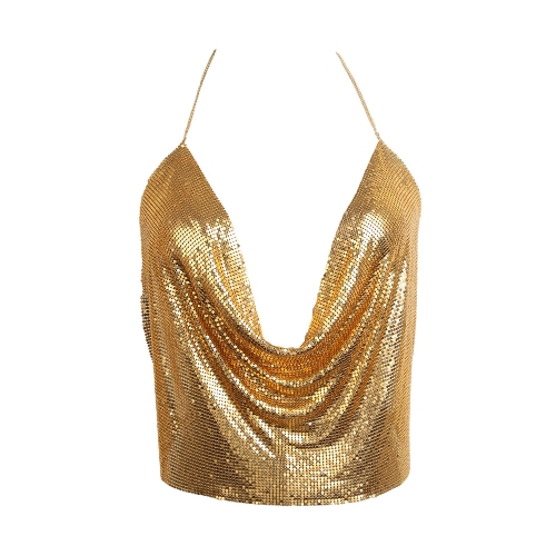 Women Metal Crop Top Halter Plunge V Adjustable Chains Sleeveless Backless Sequins Party Club Vest Cropped Top