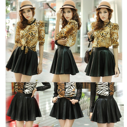 

Women Lady Girl Leather Flared Sexy Short Mini Pleated Skirt