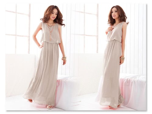 Women Lady Bohemian Boho Maxi Dress Chiffon Long Beach Pleated Sundress