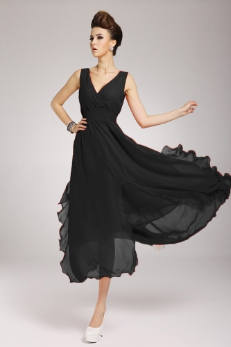 2013 New Beach Bohemian Women's Dress Chiffon V Neck Long Maxi Dress Ball Evening Party Black