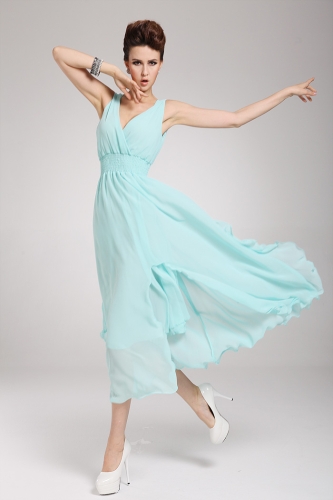 2013 New Beach Bohemian Women's Dress Chiffon V Neck Long Maxi Dress Ball Evening Party Sky Blue