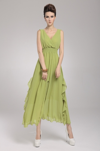 

2013 New Beach Bohemian Women's Dress Chiffon V Neck Long Maxi Dress Ball Evening Party Green
