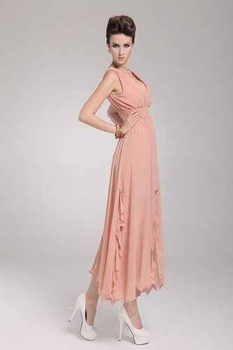 

2013 New Beach Bohemian Women's Dress Chiffon V Neck Long Maxi Dress Ball Evening Party Skin-pink