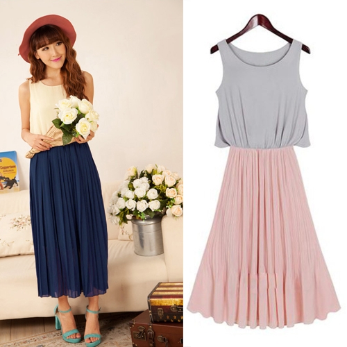 

Fashion Lady Women's Dress Chiffon Contrast Color Sleeveless One-piece Dress Pleated Beige & Nave Blue