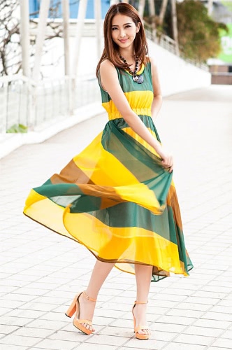 Fashion Bohemian Women Lady Dress Chiffon Chromatic Stripe Asymmetric O-Neck Sleeveless Summer Beach Yellow