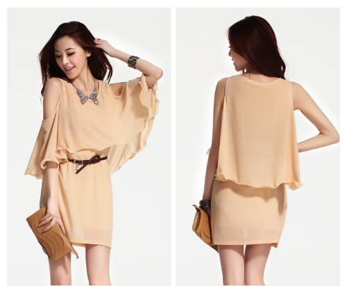 Sexy Career Women Ladies Chiffon Dress Batwing Sleeve Cutout Flounce Ruffles One-piece Mini Dress OL Casual Apricot