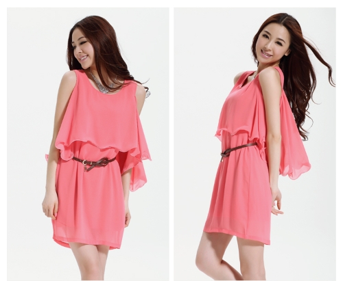 

Sexy Career Women Ladies Chiffon Dress Batwing Sleeve Cutout Flounce Ruffles One-piece Mini Dress OL Casual Pink