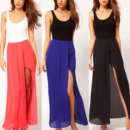

Sexy Boho Retro Women Chiffon Skirt Open Side Split Solid Long Maxi Skirt Watermelon Red
