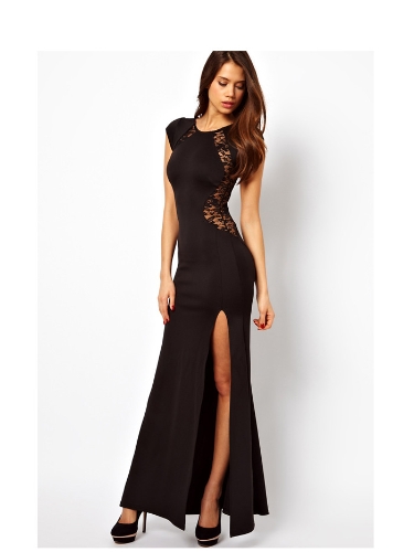 

Women Sexy Maxi Dress Lace See-through Back Slim Bodycon Fishtail Split Long Party Dress Black
