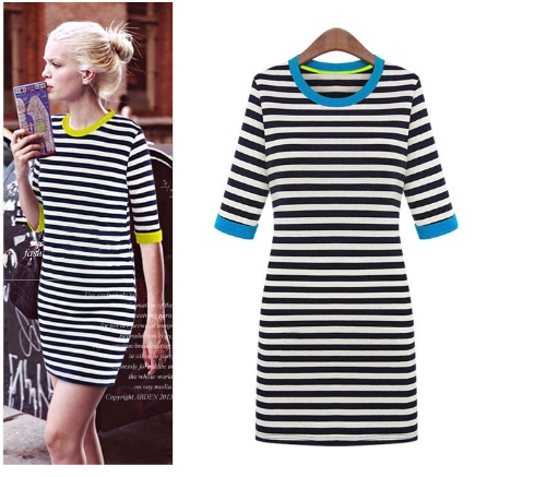 

New Style Women Stripe Mini Dress Half Sleeve Round Contrast Neck One-piece Pencil Dress Blue