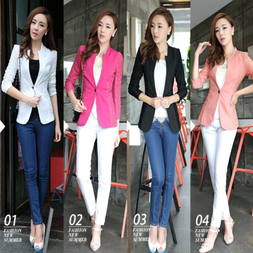 

Fashion Women Lace Suit 3/4 Sleeve Blazer One Button Slim Thin Coat Rose