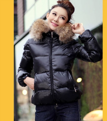 Winter Women Parka Faux Fur Collar Zip Candy Color Thick Outerwear Coat Black