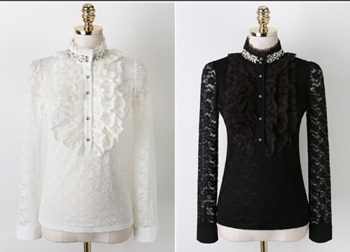 

New Elegant Women Lace Shirt Beading Stand Collar Long Sleeve Slim Basic Tops Black