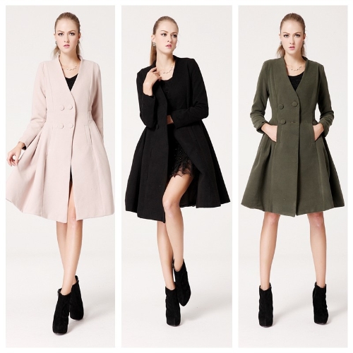 Autumn Winter Women Trench Coat V Neck Double Breasted Long Sleeve Overcoat Outerwear Army Green