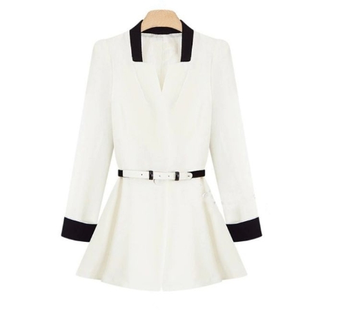 New Korean OL Women Pleated Blazer Deep V-Neck Slim Jacket Button Coat White