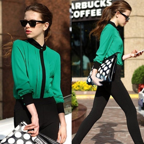 Fashion OL Women Chiffon Shirt Pleated Front Long Sleeve Button Blouse Tops Green