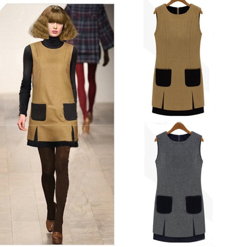

New Elegant Women Thick Dress Sleeveless Patch Pocket Shift Dress Grey