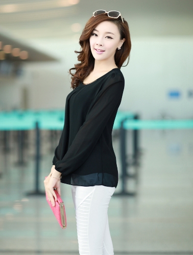 

New Fashion Women Chiffon Blouse Long Sleeve Round Neck Pleated Shirt Loose Tops Black