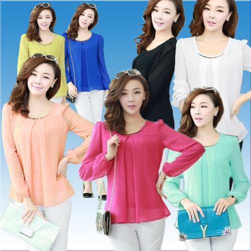 

New Fashion Women Chiffon Blouse Long Sleeve Round Neck Pleated Shirt Loose Tops White