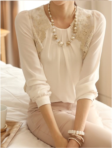 New Women Vintage Chiffon Blouse Long Sleeve Lace Tops Basic Shirt White