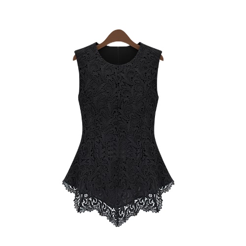 Nouvelles femmes Floral dentelle Blouse sans manches Crochet Peplum débardeurs Slim Shirt noir