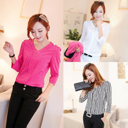 

New Fashion Women Shirt Buttons Epaulette V-neck Three Quarter Sleeves Brief Slim Blouse Black & White