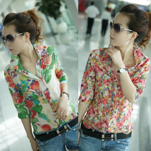 

Vintage Fashion Women Shirt Colorful Floral Flower Print Turn-down Collar Button Chiffon Blouse Tops Green/Red