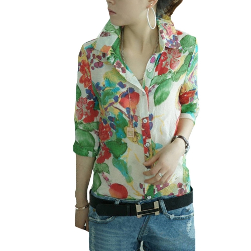 Moda vintage mujeres camisa colorida flor Floral impresión descubierta Collar botón blusa de Gasa tapas verde