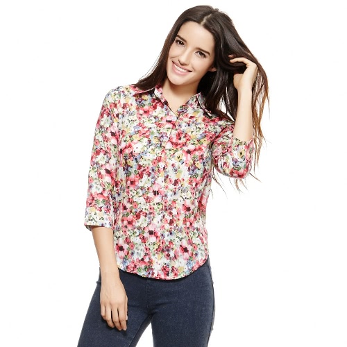 

Vintage Colorful Floral Print Turn-down Collar 3/4 Sleeve Chiffon Blouse