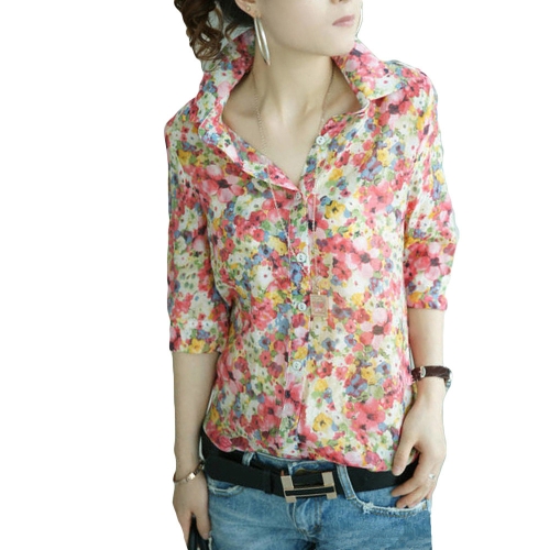 Moda vintage mulheres camisa flor Floral colorido impressão giram-para baixo de gola botão Tops de blusa Chiffon vermelho/verde