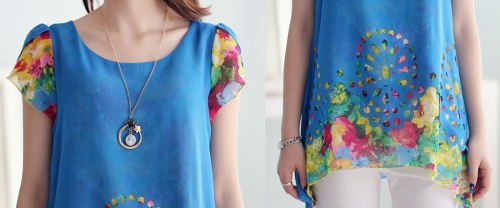 New Fashion Women Chiffon Blouse Floral Print Hollow Out Overlay Petal Sleeves Tops Blue