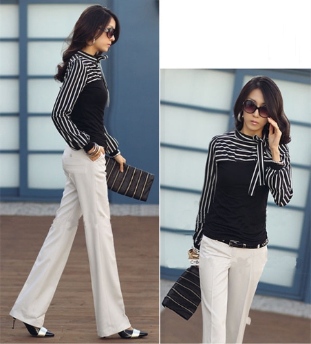

Korean Fashion Women Lady Slim T-Shirt Puff Long Sleeve Polo Neck Stripe Tops Black