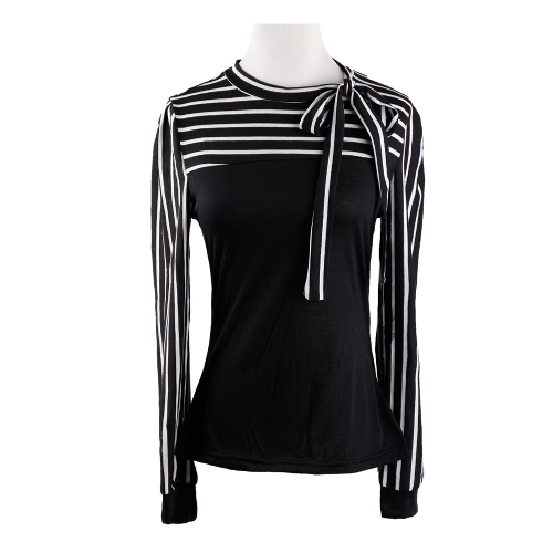 Coreano Moda donna Lady maglietta sottile soffio manica lunga collo Polo Stripe Tops Black