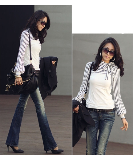 

Korean Fashion Women Lady Slim T-Shirt Puff Long Sleeve Polo Neck Stripe Tops White