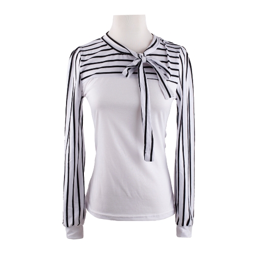 

Korean Fashion Women Lady Slim T-Shirt Puff Long Sleeve Polo Neck Stripe Tops White