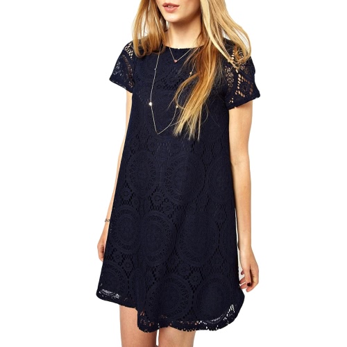 New Fashion Women Lace Dress Short Sleeve Mini Party Dress One-piece Swing Dress Dark Blue
