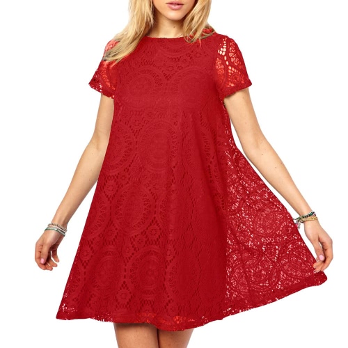 

New Fashion Women Lace Dress Short Sleeve Mini Party Dress One-piece Swing Dress Red